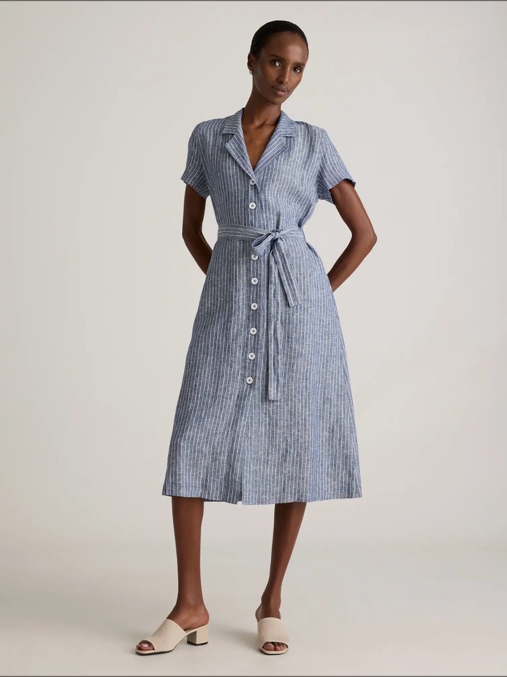 Quince 100% European Linen Button Front Dress Blue White Chambray Stripe XL NWT